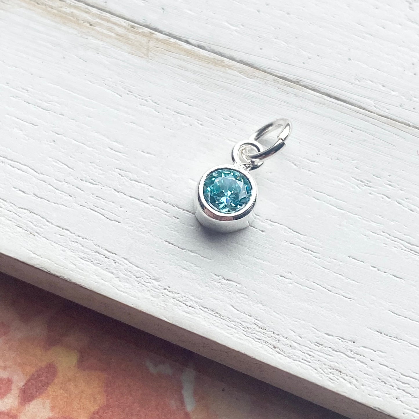 March Birthstone Charm 4mm Light Blue Aquamarine CZ Sterling Silver