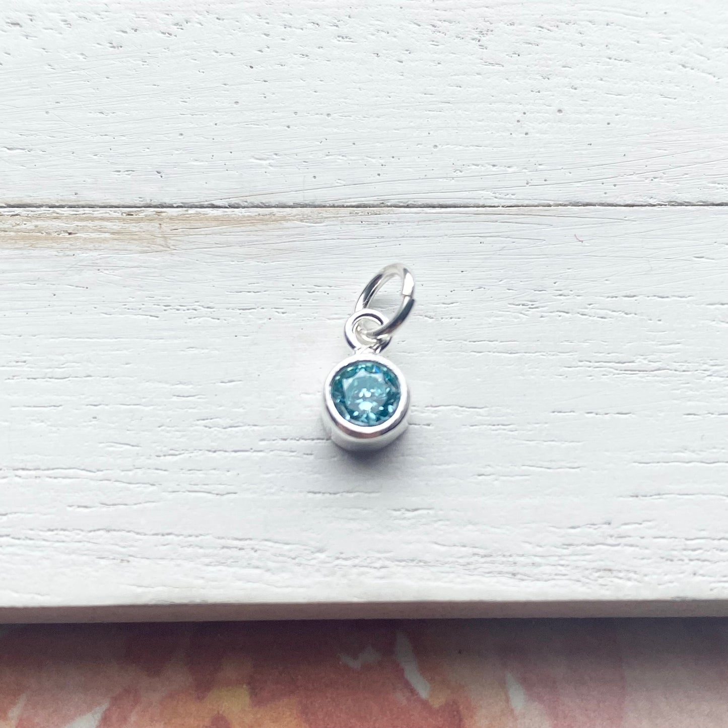 March Birthstone Charm 4mm Light Blue Aquamarine CZ Sterling Silver