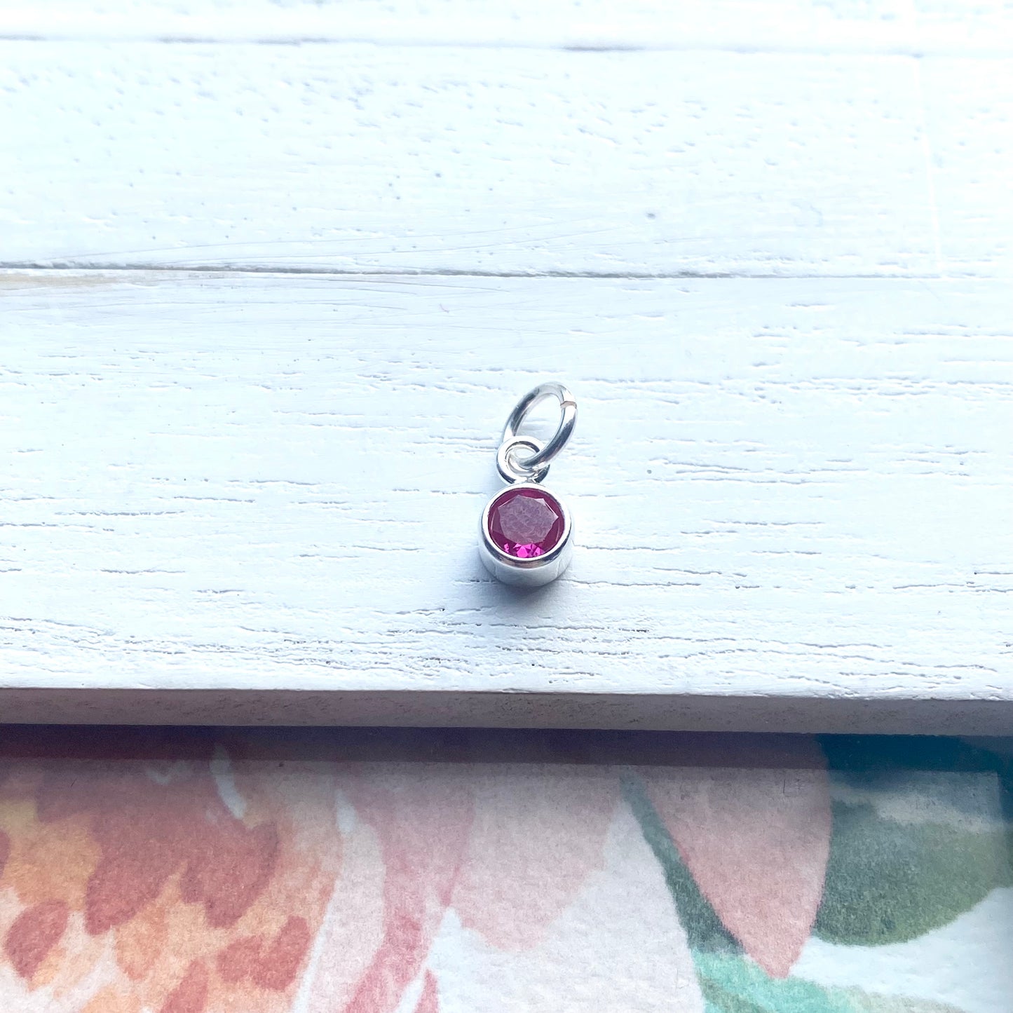 July Birthstone Charm 4mm Ruby CZ Sterling Silver