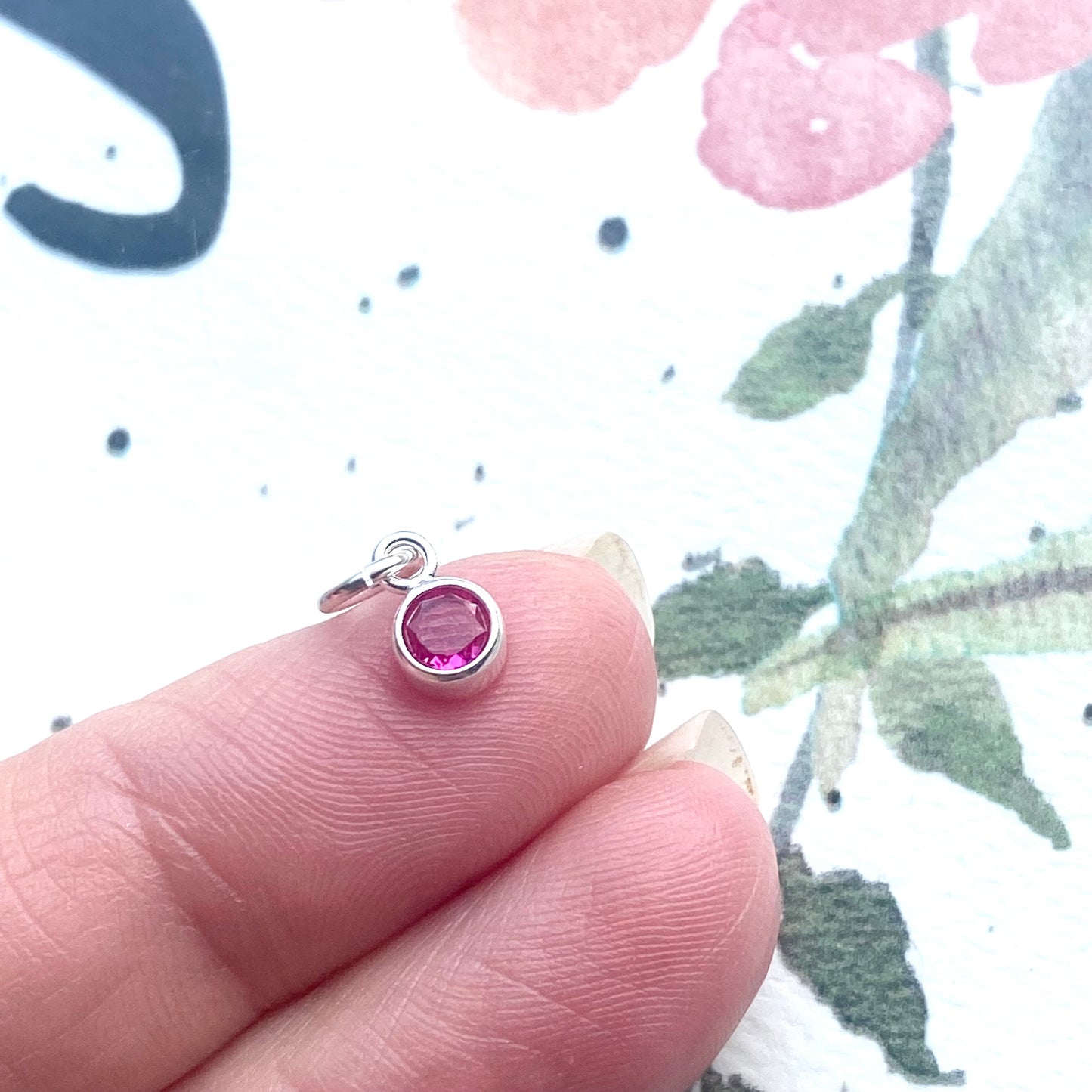 July Birthstone Charm 4mm Ruby CZ Sterling Silver