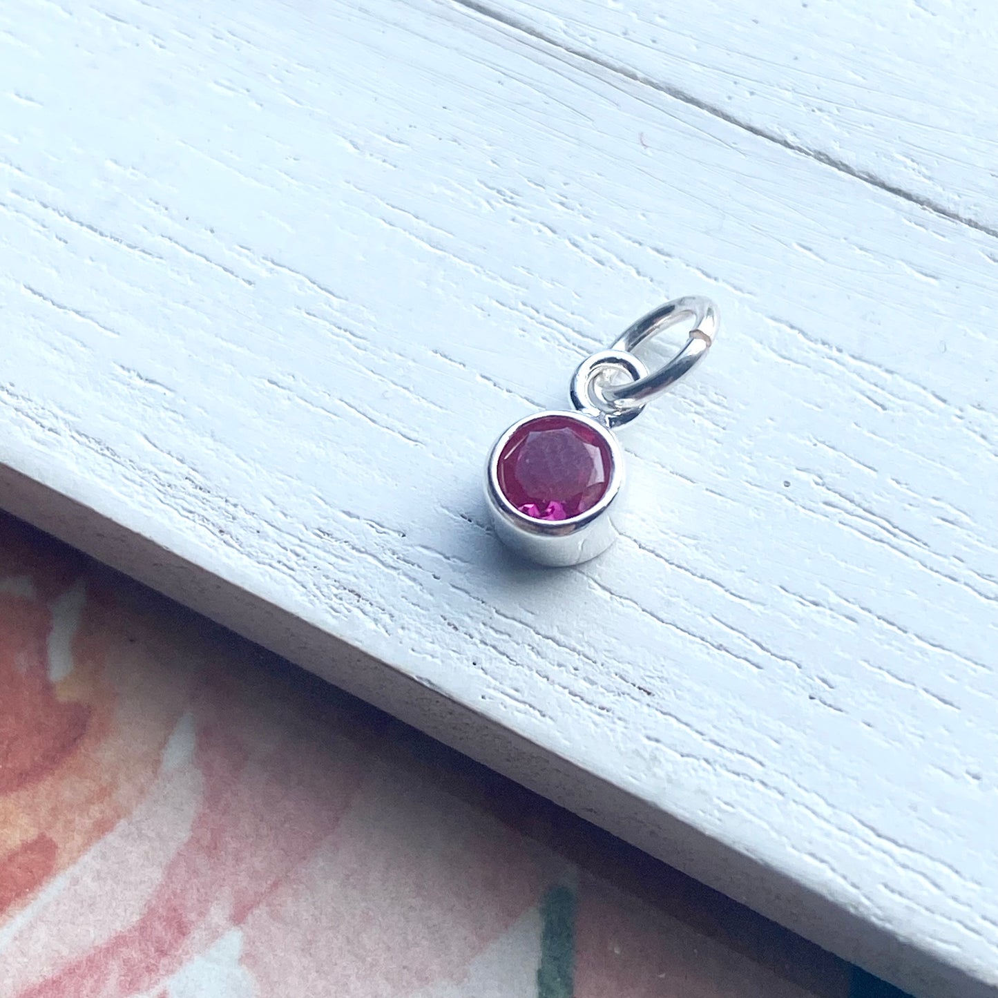 July Birthstone Charm 4mm Ruby CZ Sterling Silver