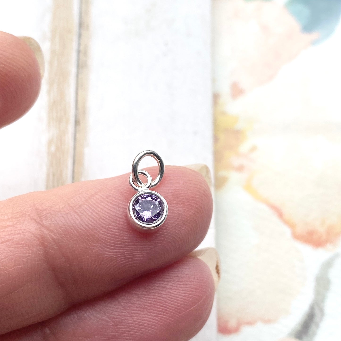 February Birthstone Charm 4mm Purple Amethyst CZ Accent Sterling Silver