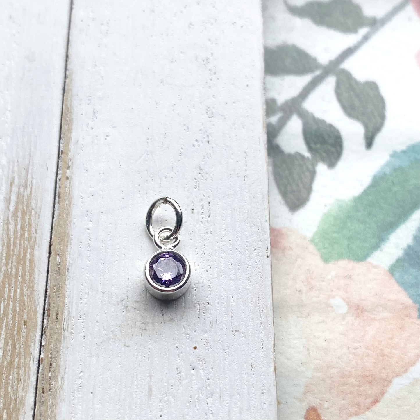 February Birthstone Charm 4mm Purple Amethyst CZ Accent Sterling Silver