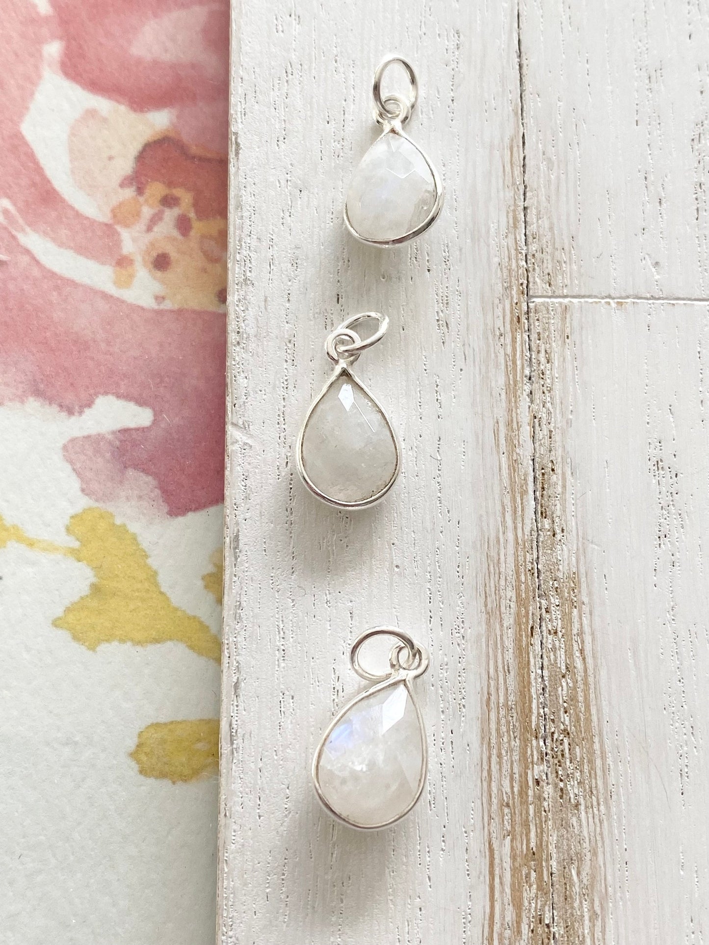 Rainbow Moonstone Teardrop Charm 10mm Sterling Silver