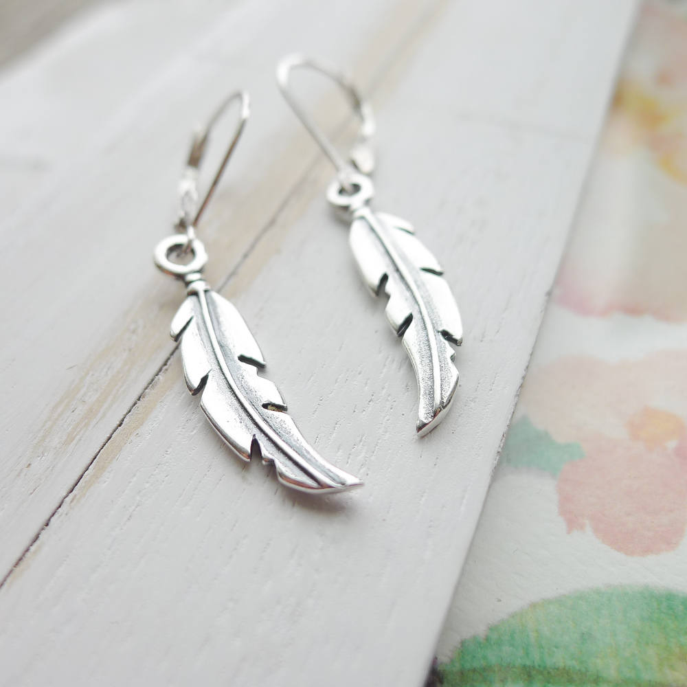 Feather Sterling Silver Leverback Boho Earrings