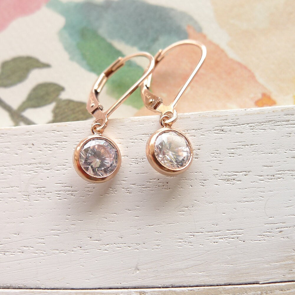 Dainty Rose Gold Leverback Earrings CZ