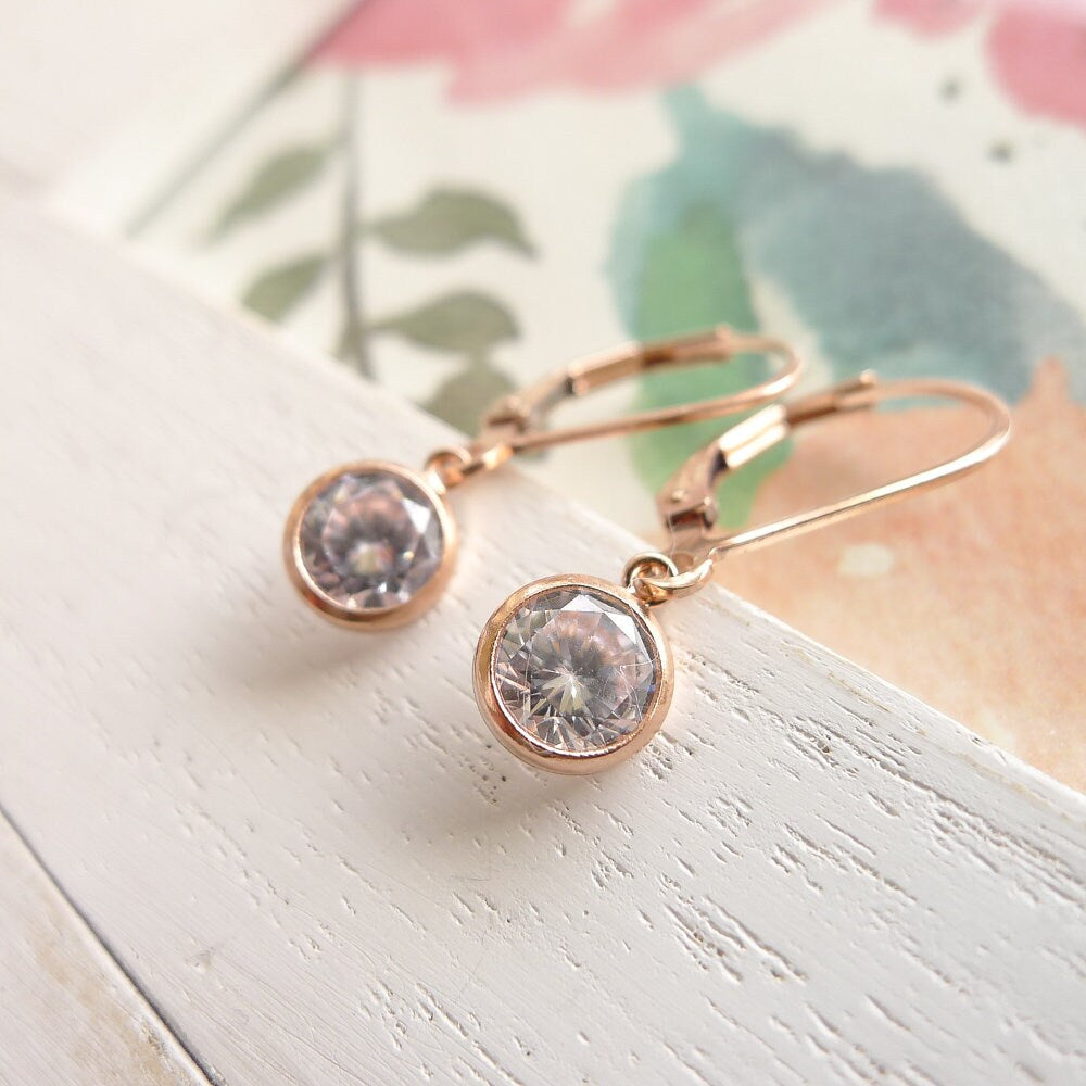 Dainty Rose Gold Leverback Earrings CZ