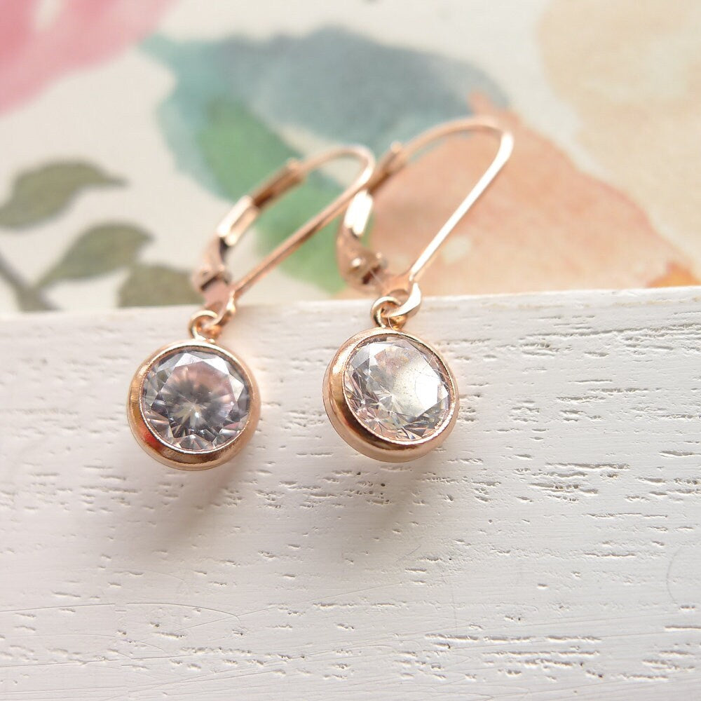 Dainty Rose Gold Leverback Earrings CZ