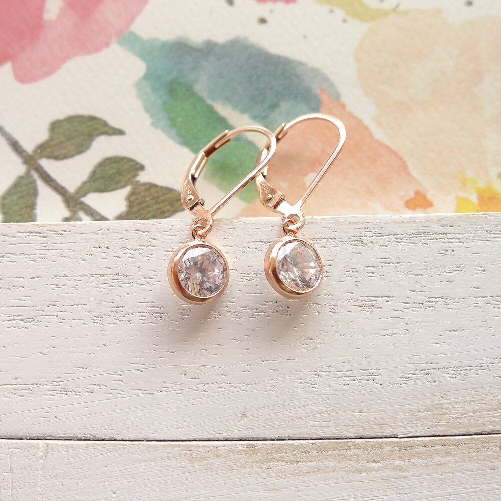 Dainty Rose Gold Leverback Earrings CZ