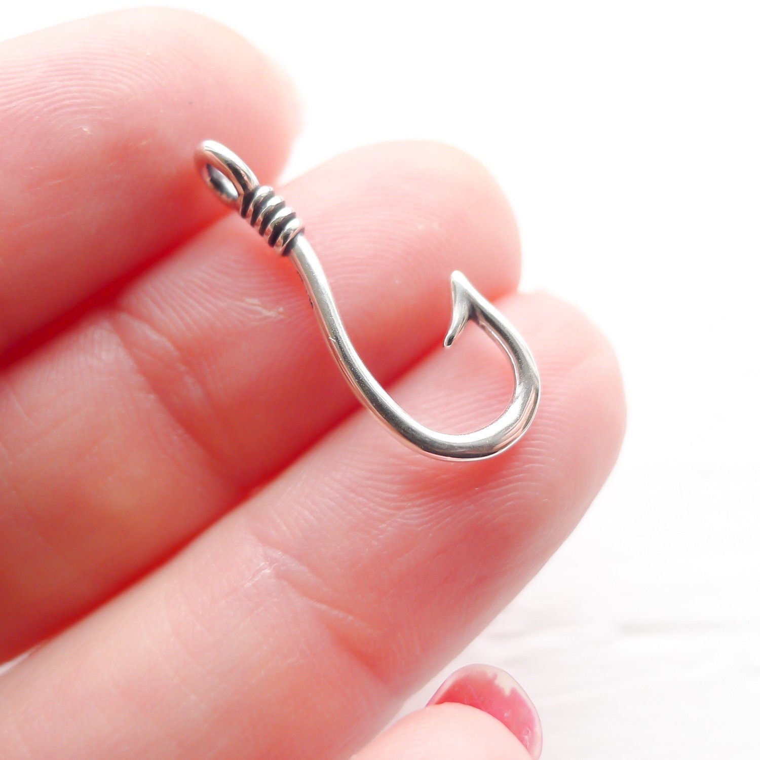 Fish Hook Charm Sterling Silver Fishing Component or Link for Jewe