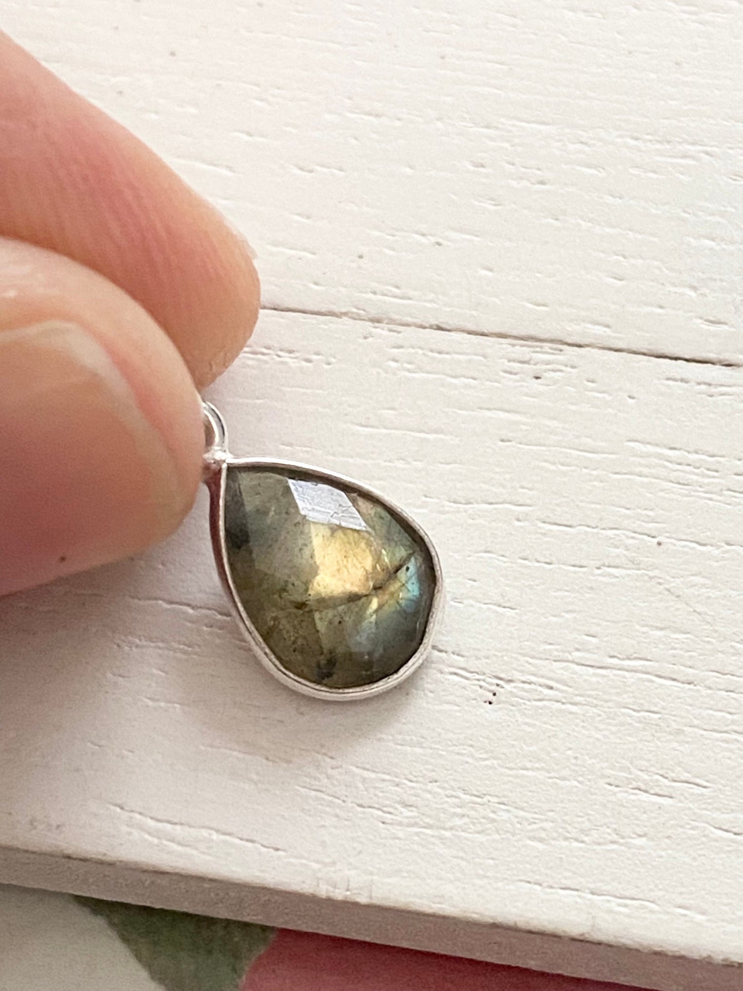 Labradorite Teardrop Charm 10mm Gem Pear Tear Drop in Sterling Silver Bezel