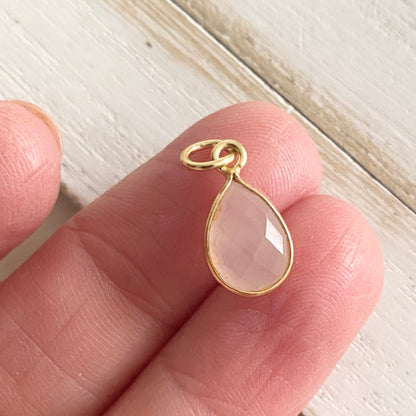 Rose Quartz Charm 10mm Teardrop Sterling Silver or Gold Vermeil