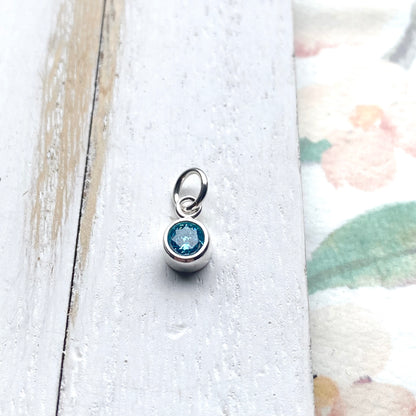 December Birthstone Charm 4mm Blue Topaz CZ Sterling Silver