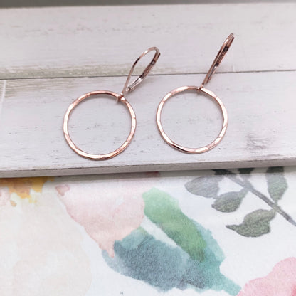 Rose Gold Earrings Dangle Hammered Circle Leverback