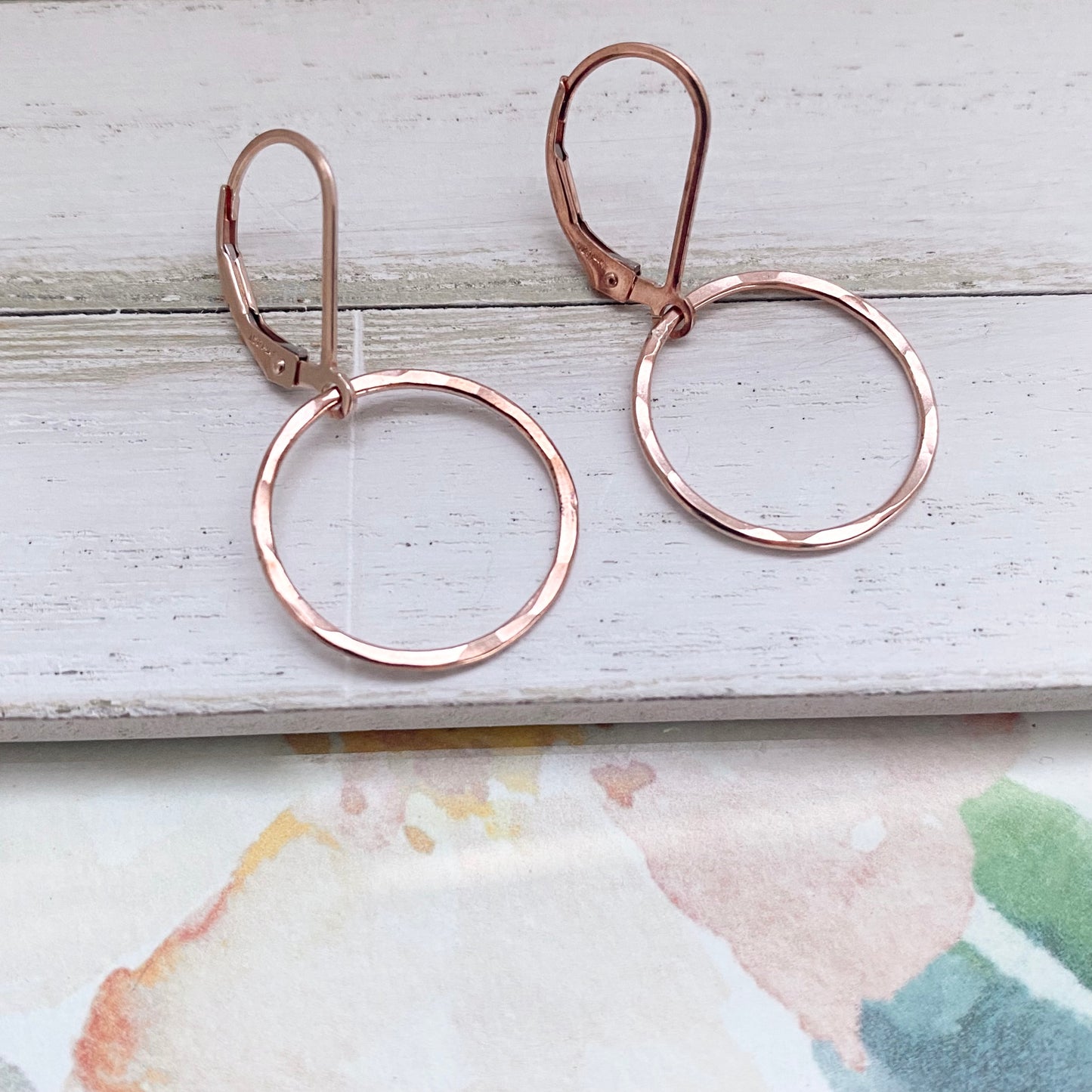 Rose Gold Earrings Dangle Hammered Circle Leverback