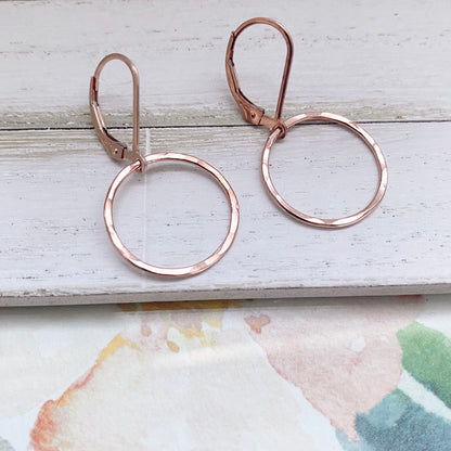 Rose Gold Earrings Dangle Hammered Circle Leverback