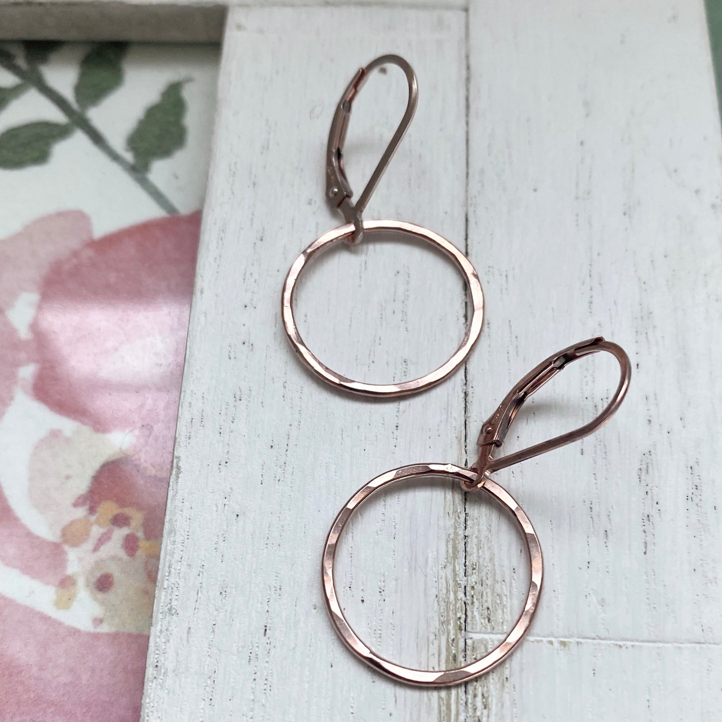 Rose Gold Earrings Dangle Hammered Circle Leverback