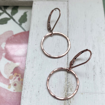 Rose Gold Earrings Dangle Hammered Circle Leverback
