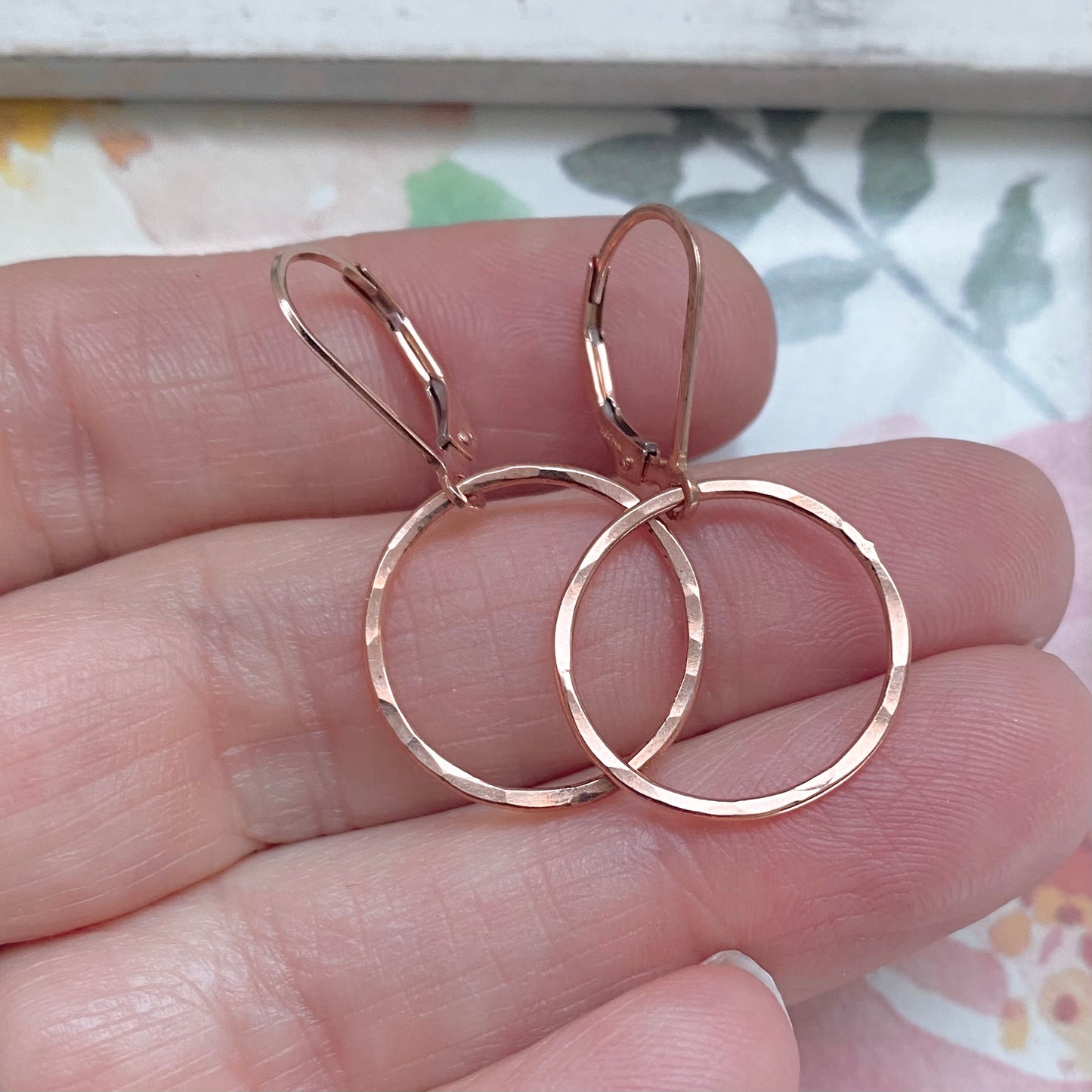 Rose Gold Earrings Dangle Hammered Circle Leverback