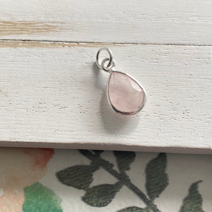 Rose Quartz Charm 10mm Teardrop Sterling Silver or Gold Vermeil