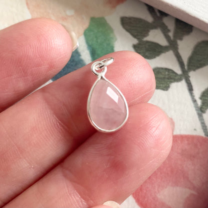 Rose Quartz Charm 10mm Teardrop Sterling Silver or Gold Vermeil