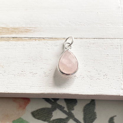 Rose Quartz Charm 10mm Teardrop Sterling Silver or Gold Vermeil