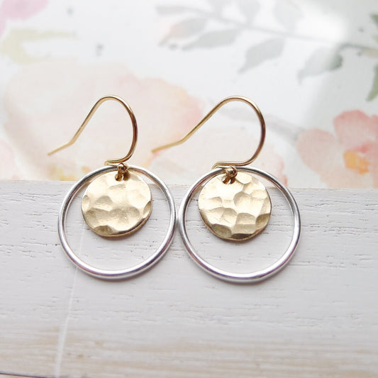 Dangle Earrings Hammered Gold & Silver Coin