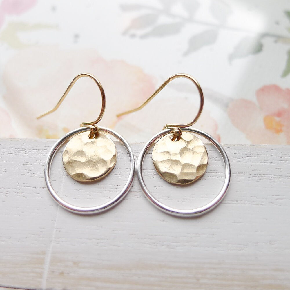 Dangle Earrings Hammered Gold & Silver Coin