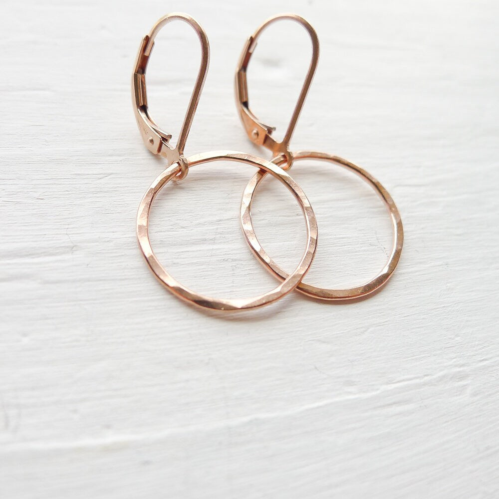 Rose Gold Earrings Dangle Hammered Circle Leverback