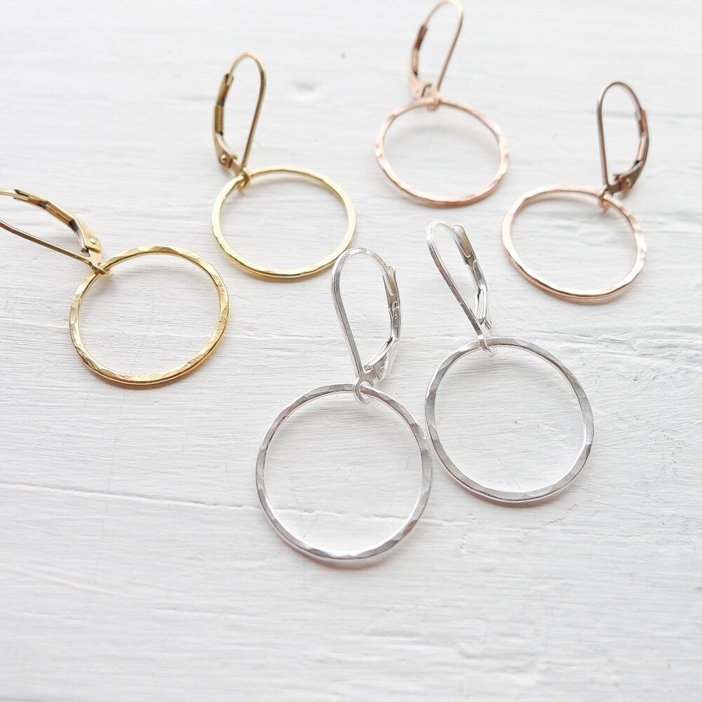 Rose Gold Earrings Dangle Hammered Circle Leverback