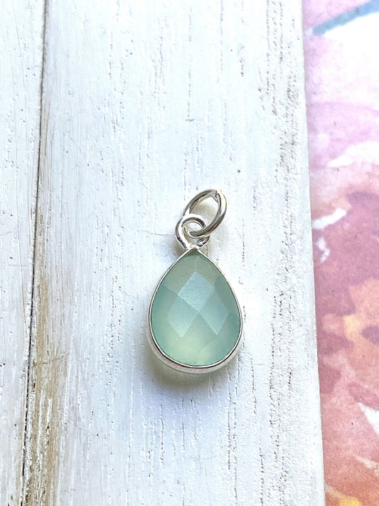 Green Chalcedony Aqua Teardrop Charm 10mm Gem Pear Tear Drop in Sterling Silver Bezel