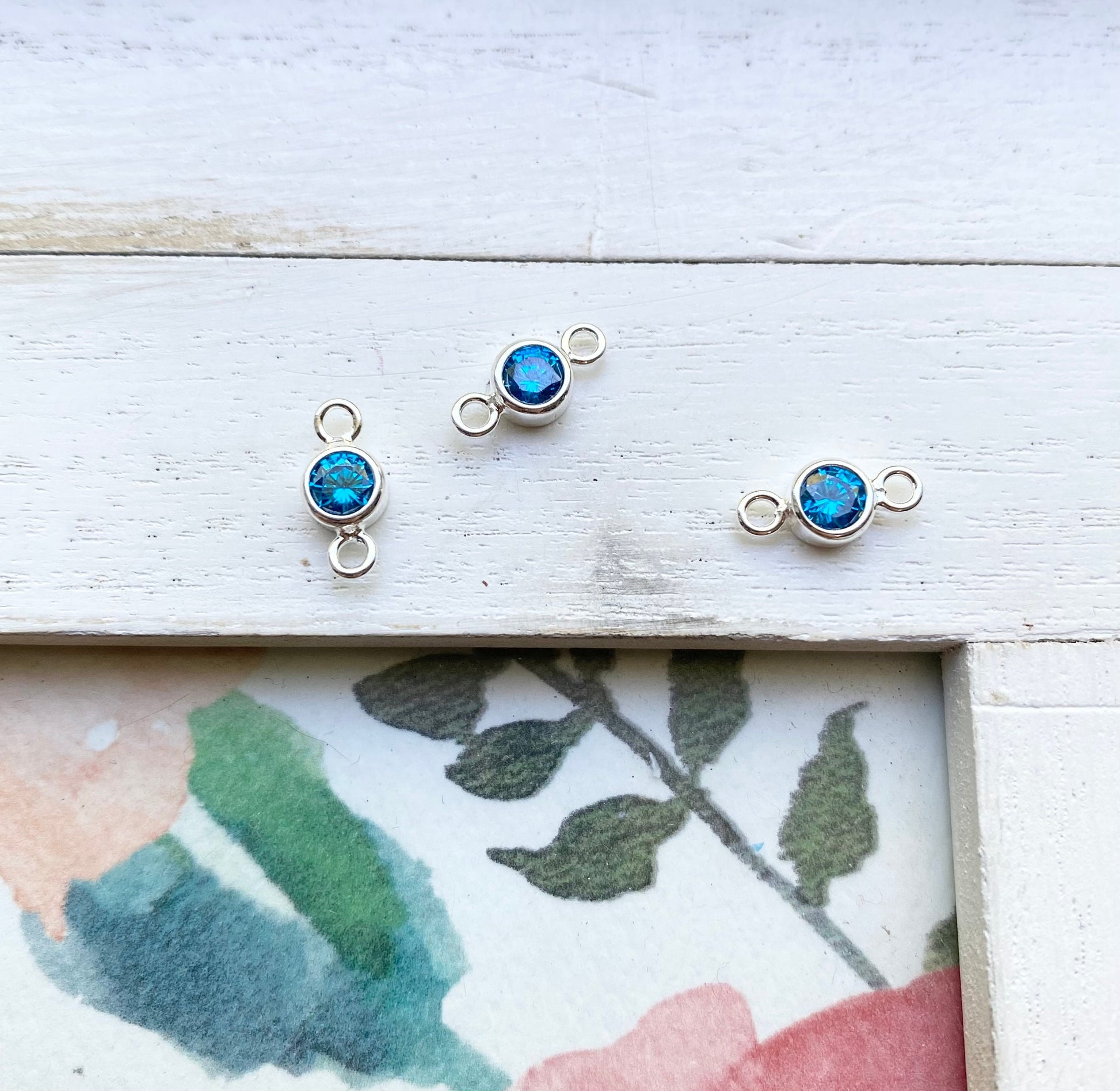December Birthstone Link 4mm Blue Topaz CZ Sterling Silver Connector Charm