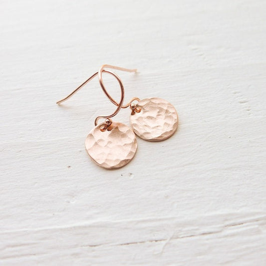 Rose Gold Round Disc Dangle Earrings Hammered