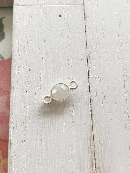 Moonstone Link in Sterling Silver 6mm Rainbow Moon Stone Charm Bezel Link Tiny Pendant