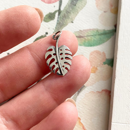 Monstera Leaf Charm Sterling Silver House Plant Pendant