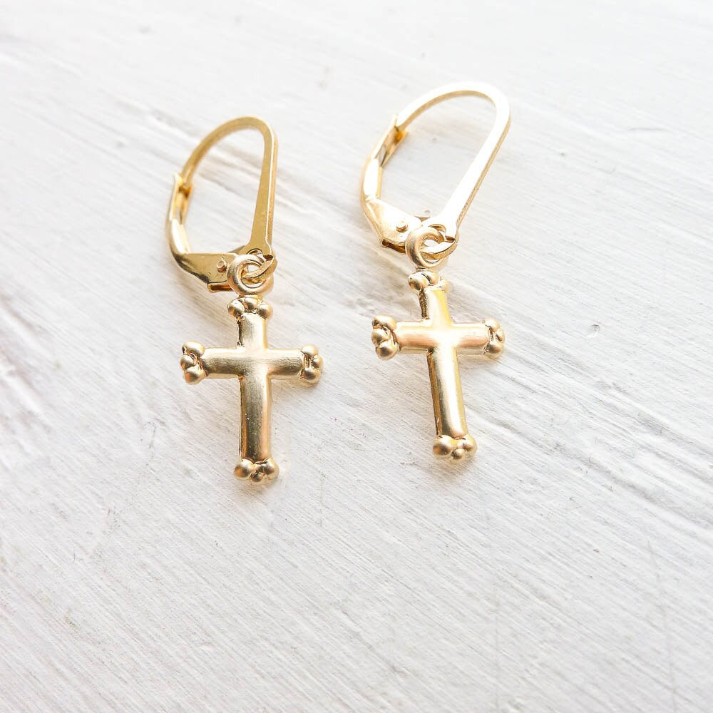 Gold Cross Leverback Earring Gold Filled