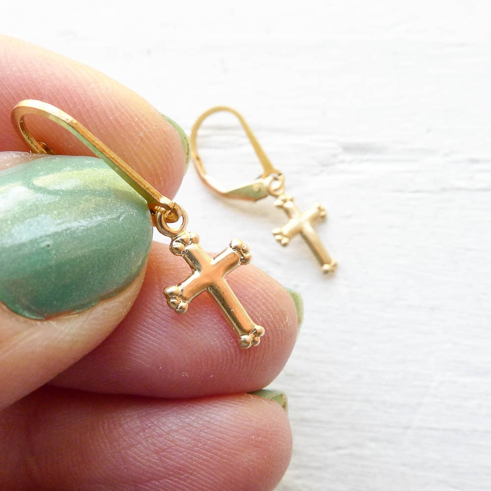 Gold Cross Dainty Leverback Earring