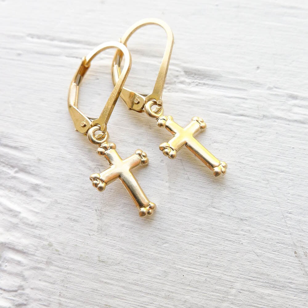 Gold Cross Dainty Leverback Earring