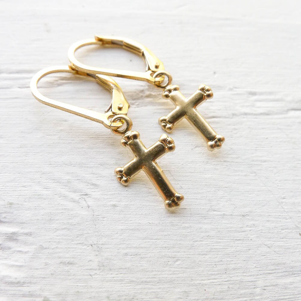 Gold Cross Dainty Leverback Earring