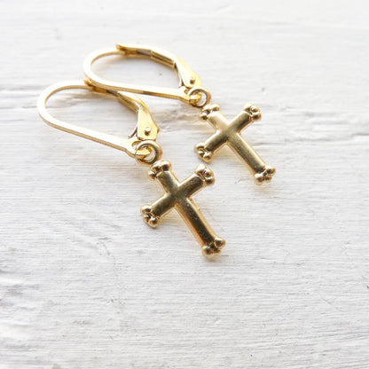 Gold Cross Dainty Leverback Earring