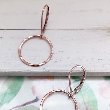 Rose Gold Earrings Dangle Hammered Circle Leverback