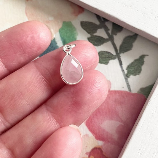 Rose Quartz Charm 10mm Teardrop Sterling Silver or Gold Vermeil