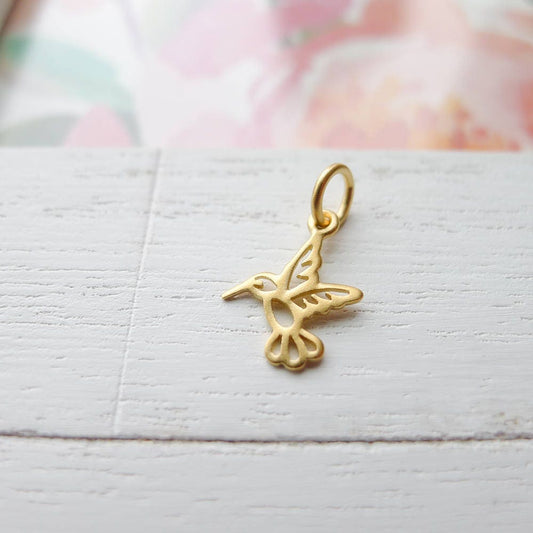 Gold Hummingbird Charm Vermeil Humming Bird Pendant Tiny Adorable Cut Out