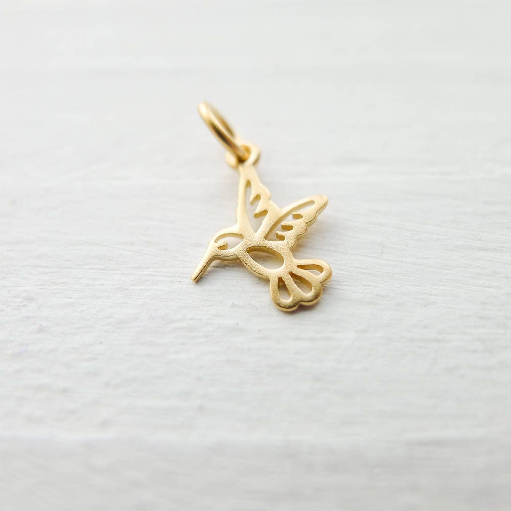 Gold Hummingbird Charm Vermeil Humming Bird Pendant Tiny Adorable Cut Out