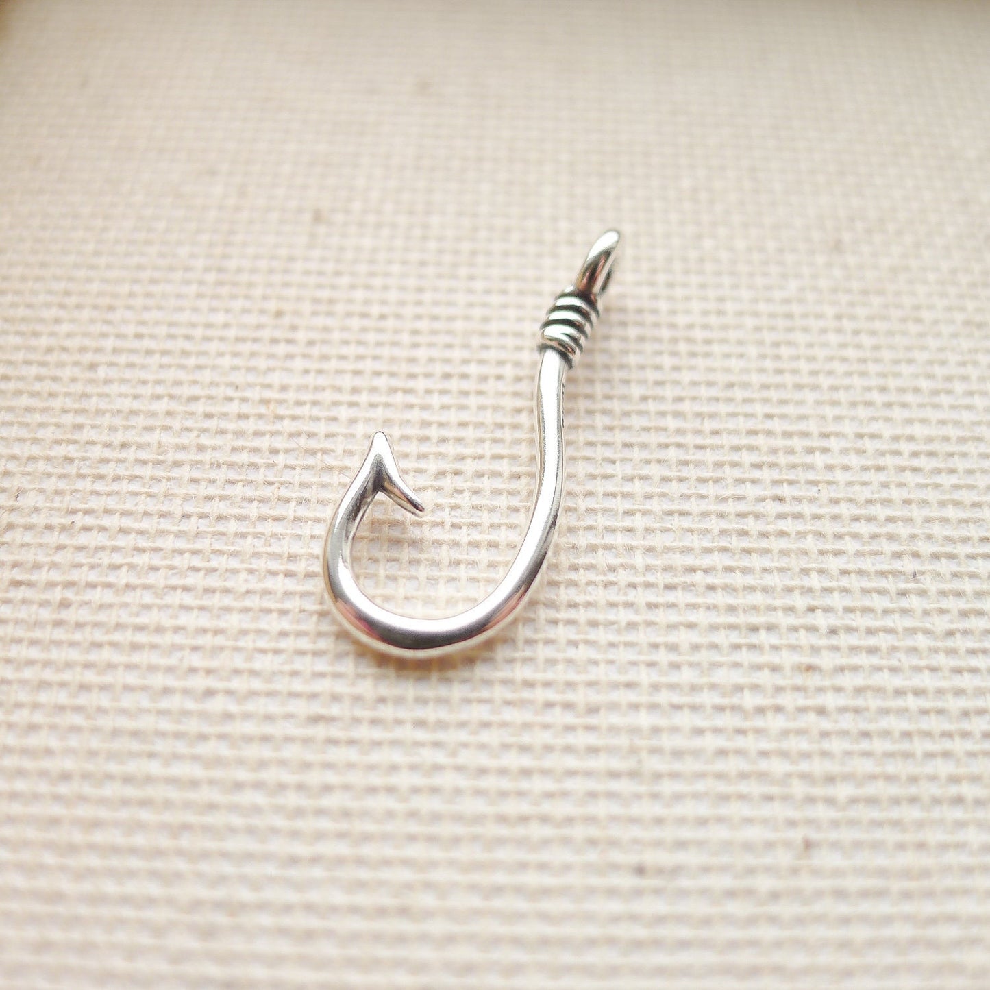 Fish Hook Charm Sterling Silver Fishing Component or Link for Jewelry Making