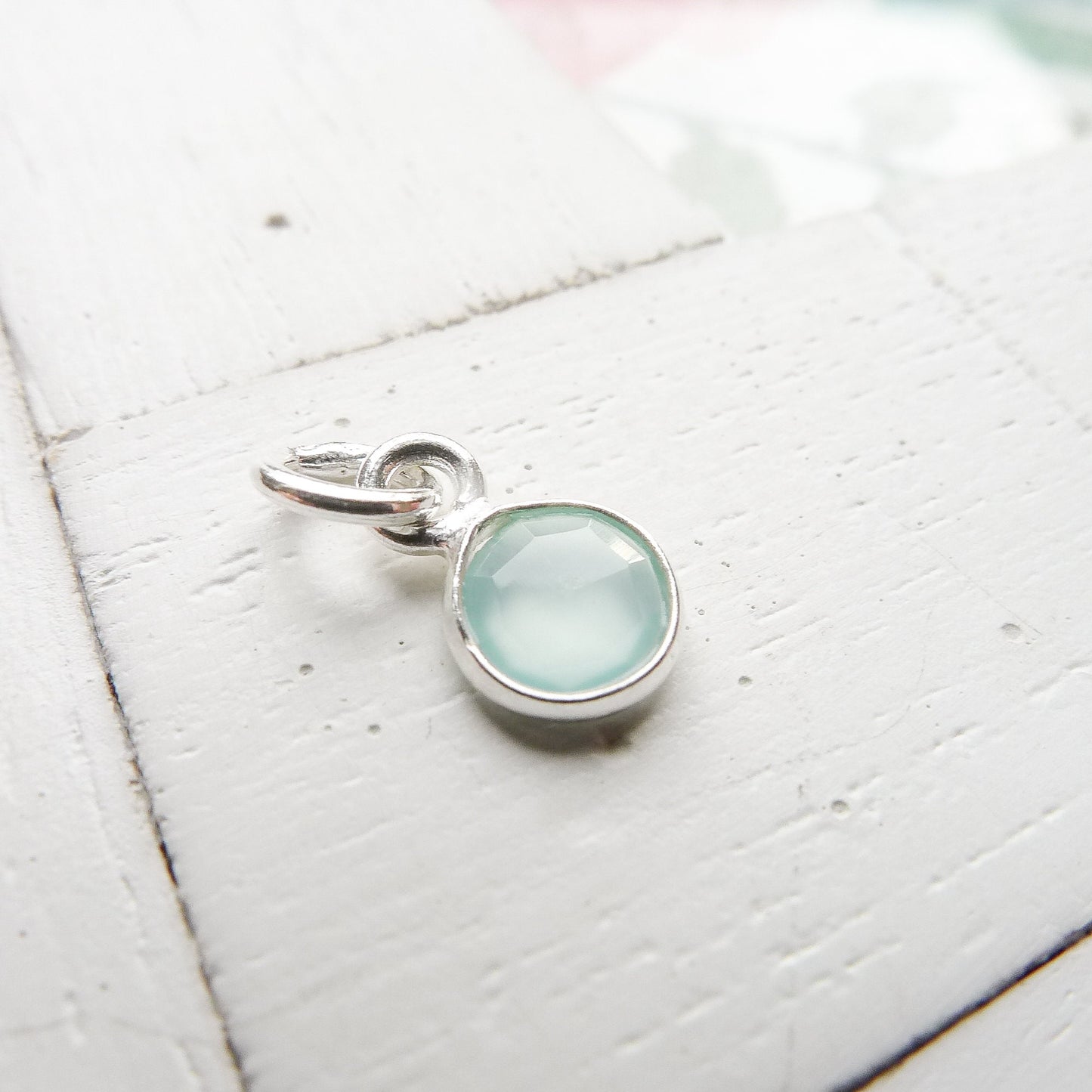 Chalcedony Charm Sea Green Faceted Stone 6mm Gemstone Pendant with Sterling Silver Bezel
