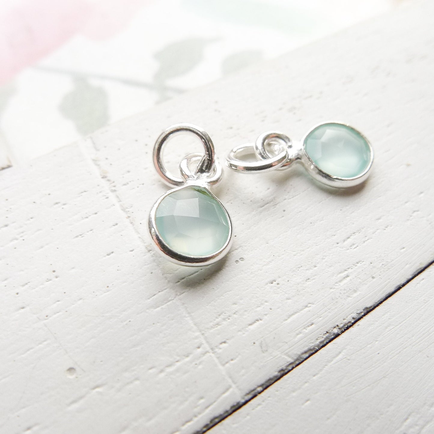 Chalcedony Charm Sea Green Faceted Stone 6mm Gemstone Pendant with Sterling Silver Bezel