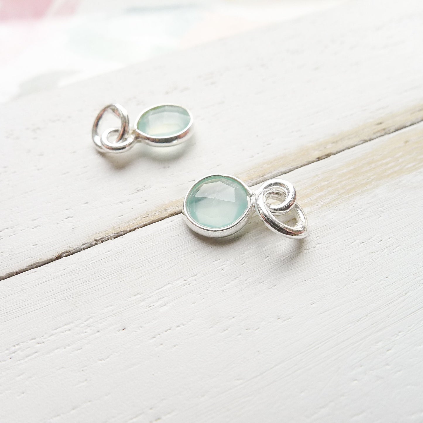 Chalcedony Charm Sea Green Faceted Stone 6mm Gemstone Pendant with Sterling Silver Bezel