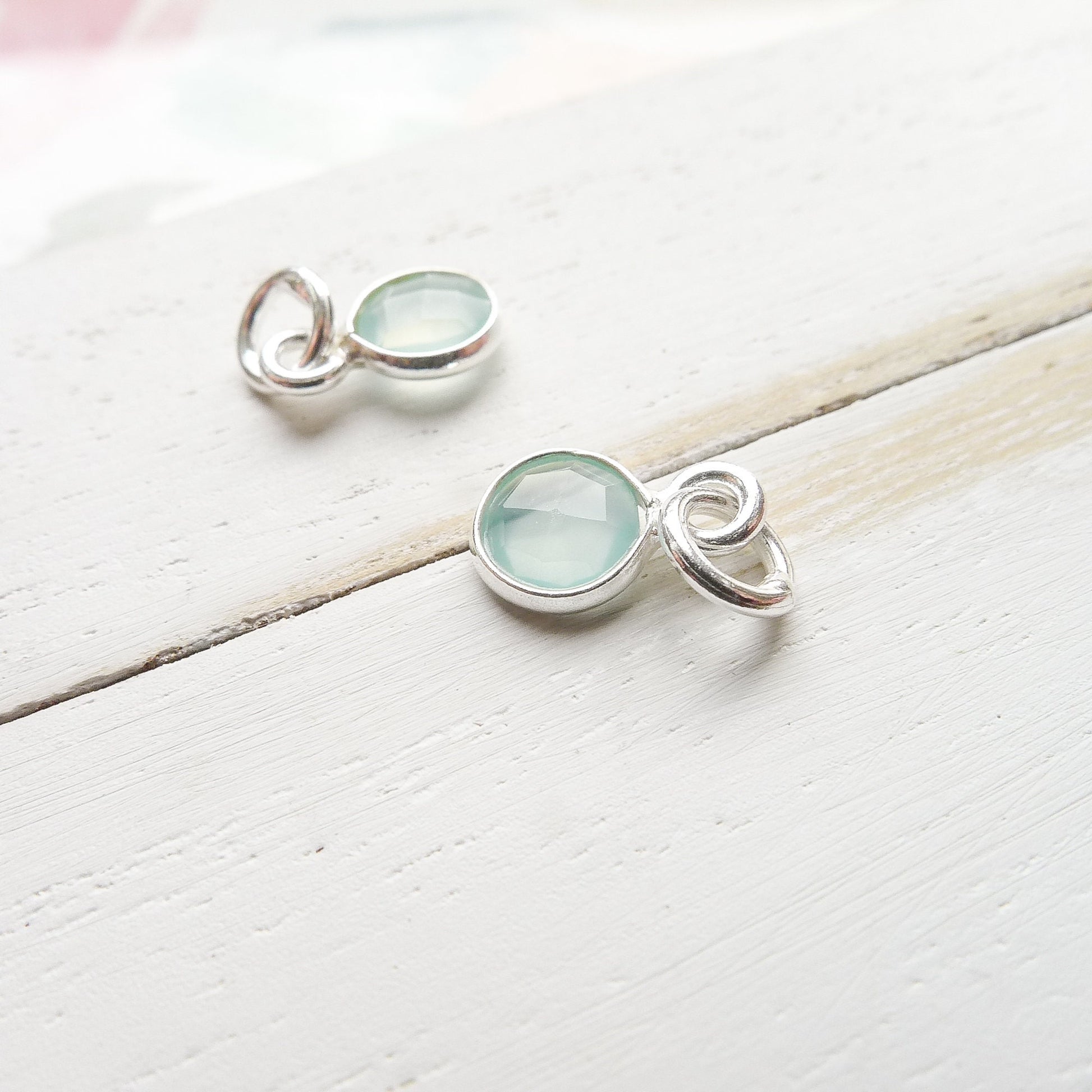 Chalcedony Charm Sea Green Faceted Stone 6mm Gemstone Pendant with Sterling Silver Bezel