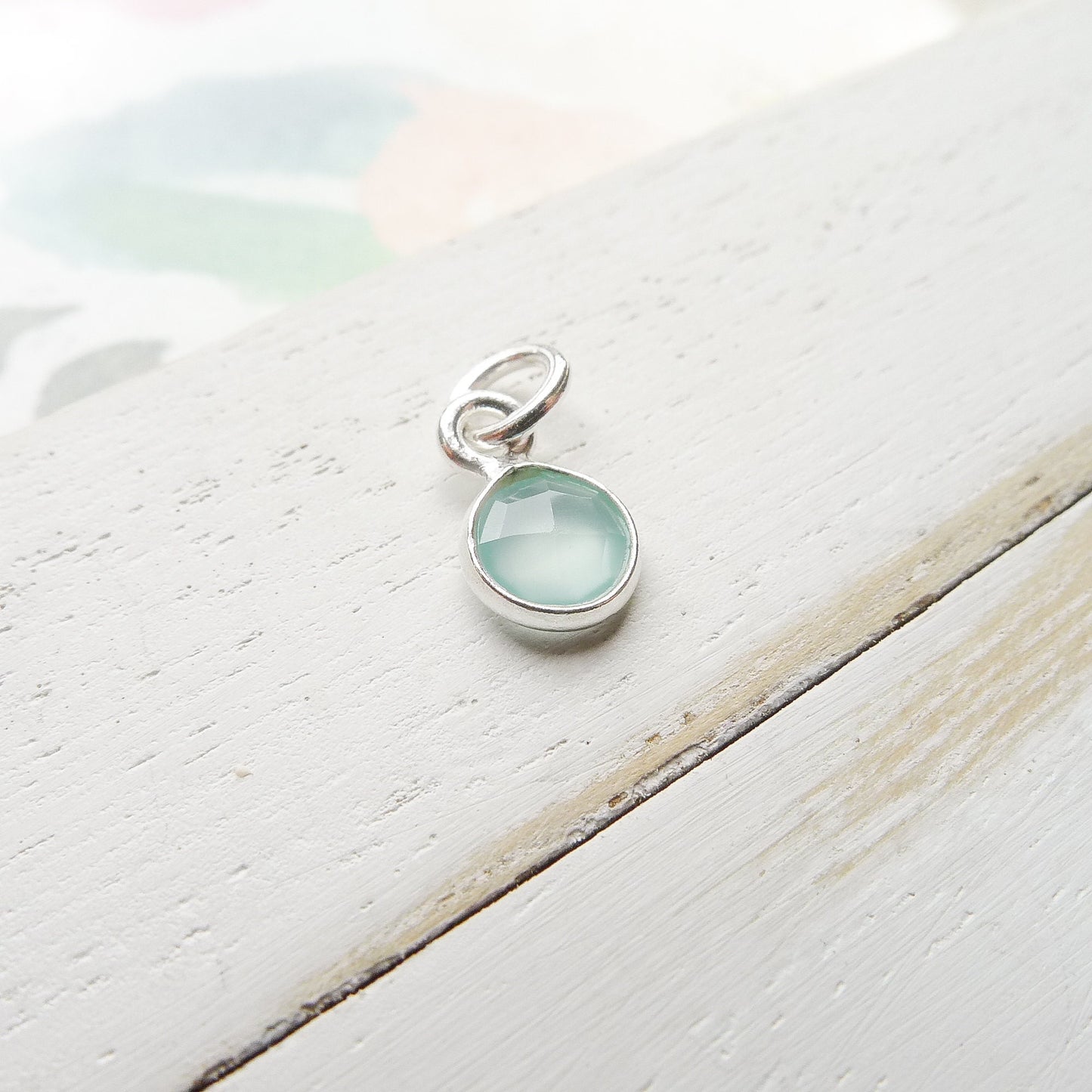 Chalcedony Charm Sea Green Faceted Stone 6mm Gemstone Pendant with Sterling Silver Bezel